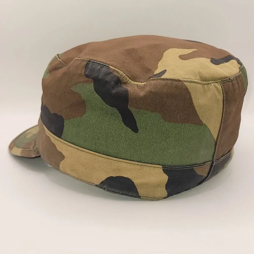 US Army Camo Military Field Hat Cap with Earflaps Size 6 5/8 Metal SSgt Chevron